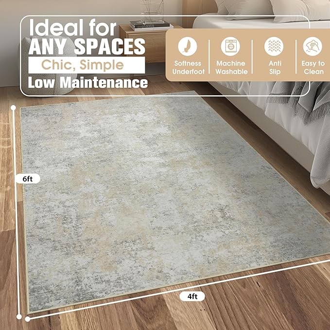 4x6 Area Rugs for Living Room Rug Washable: Abstract Rug for Dining Room Bedroom Carpet Non Slip 4 by 6 Indoor Modern Nursery Home Office Beige Grey