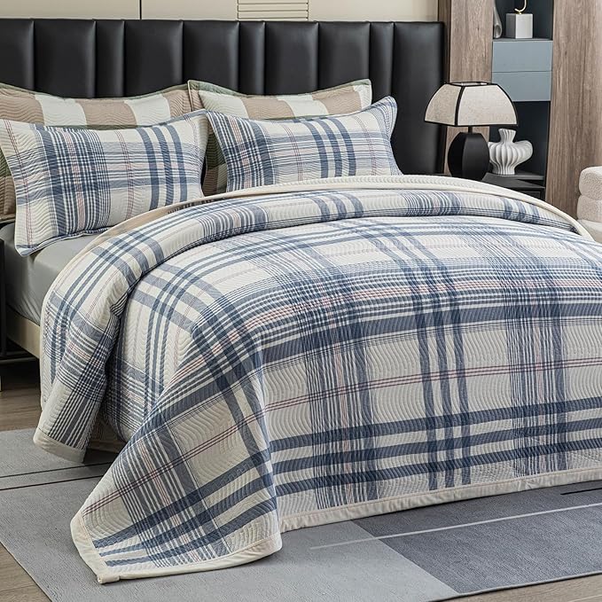 Cotton Plaid Quilt Set Queen 3 Piece Reversible Bedding, Grid Blue White