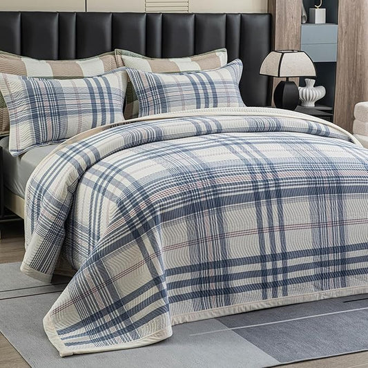 Cotton Plaid Quilt Set Queen 3 Piece Reversible Bedding, Grid Blue White