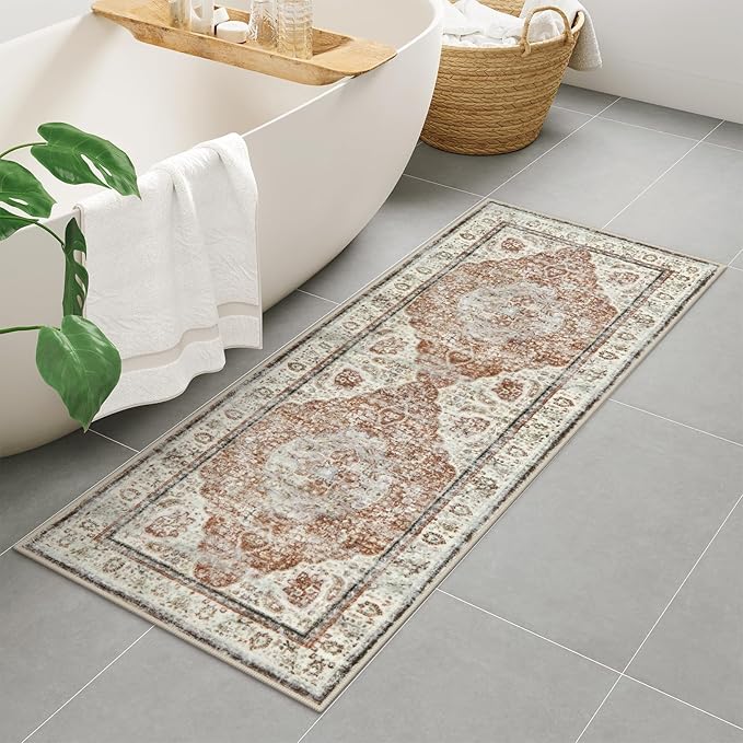 Uphome Bathroom Runner, Distressed Tribal Farmhouse Orange Bathroom Mat, Large Bathroom Rugs Non Slip Washable, Oriental Retro Boho Bath Mat Runner for Bathtub Sink Laundry, 24x59 inch