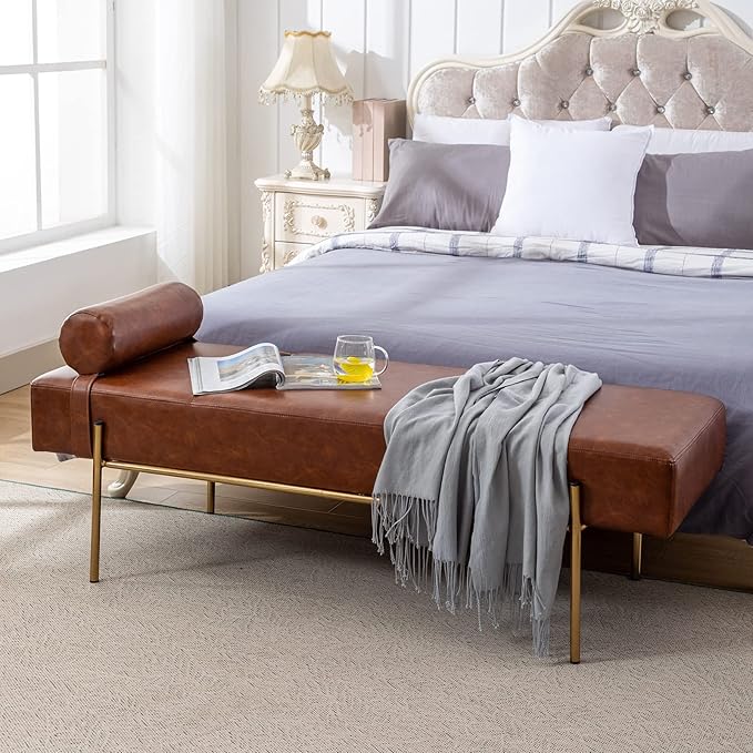 Modern End of Bed Bench, Upholstered Entryway Bench with Detachable Pillow for Living Room, PU Leather Ottoman Bench with Gold Metal Legs, Comfy Cushion Bedroom Decoration Benches (Brown)