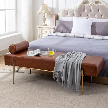 Modern End of Bed Bench, Upholstered Entryway Bench with Detachable Pillow for Living Room, PU Leather Ottoman Bench with Gold Metal Legs, Comfy Cushion Bedroom Decoration Benches (Brown)