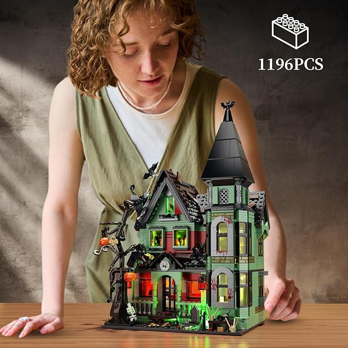 iATOM Haunted House Building Set with Lights, Halloween Mansion Building Toy Compatible with Lego for Adults, Horror Village Town Architecture Include Pumpkin Skeleton Spooky Bat Cat, F-C9987