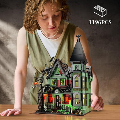 iATOM Haunted House Building Set with Lights, Halloween Mansion Building Toy Compatible with Lego for Adults, Horror Village Town Architecture Include Pumpkin Skeleton Spooky Bat Cat, F-C9987