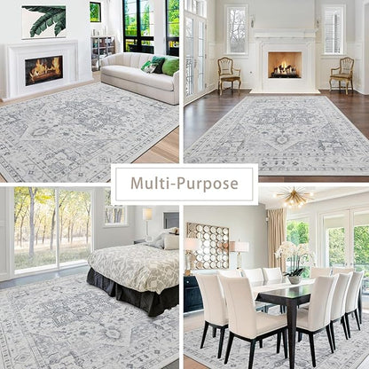 Area Rugs 5x7 Washable Area Rugs for Living Room- Ultra Soft Non-Shedding Faux Wool Bedroom Rug Grey Vintage Print Rugs Non Slip Dining Room Rugs Large Floor Carpet for Farmhouse Home Office