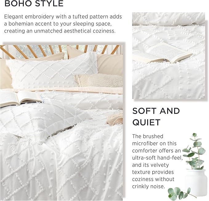 Bedsure Oversized King Comforter Set - White Comforter, Boho Tufted Shabby Chic Bedding for Kids, 3 Pieces Vintage Farmhouse Bed Set for All Seasons, Fluffy Soft Bedding with 2 Pillow Shams