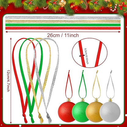 JUNEBRUSHS 300Pcs Christmas Ornament Hangers, Hand Tied String Ties Ornament Loops Thin Ribbon for Ornaments Christmas Tree Hanging Decoration (Gold Silver Red Green)