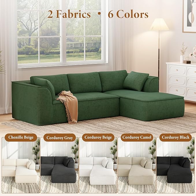 Vesgantti 106" Cloud Sectional Couch with Chaise, Deep Seat Modular Sectional Sofa Chenille Sofa Boneless Couches for Living Room Bedroom, No Assembly Required (Green, Right-Facing Chaise)