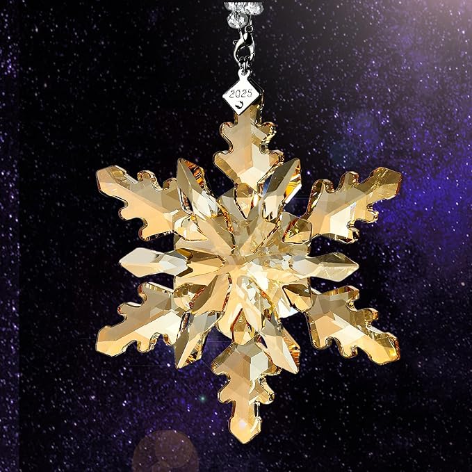 2025 Annual Edition Snowflake Crystal Christmas Ornaments,Christmas Tree Ornaments Crystal Sun Catcher Home Hanging Decor (25-Champagne Gold)