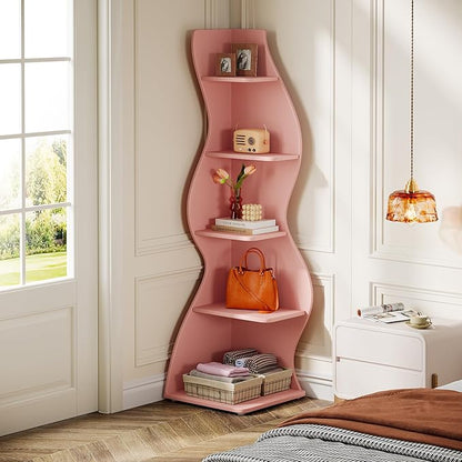 Tribesigns Wavy Corner Shelf, Modern 5-Tier Bookshelf Bookcase with Curvy Shape, Unique Plant Stand Display Rack for Living Room Small Space (Pink)