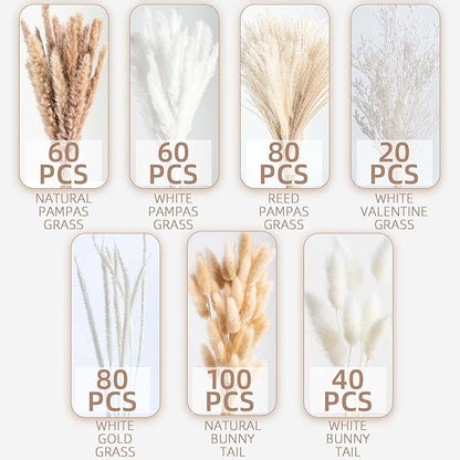 440PCS Natural Dried Pampas Grass Boho Home Decor Bouquet Phragmites Dried Flowers Bouquet for Wedding Floral Arrangements Home Decorations (440PCS)