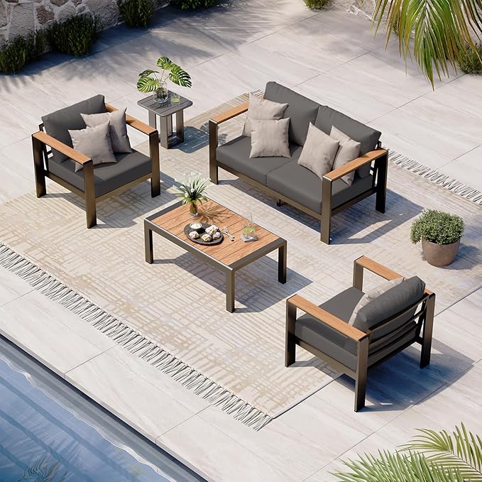 Aluminum Outdoor Patio Furniture Set with Table, 4 Piece Patio Conversation Sets with Washable Thick Cushions, Outdoor Seating Sectional Furniture Set for Porch, Balcony, Deck, Yard, Graphite