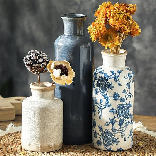 Ceramic Vintage Vases Set of 3, Blue and White Flower Decorative Vase Chinoiserie Decor Rustic Farmhouse Retro Floral Vases for Table Bookshelf Mantel Kitchen Living Room Office