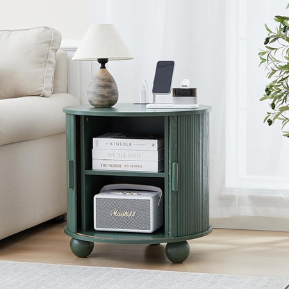 24" Vintage End Table, Nightstands Set of 2, Mid-Century Fluted End Table with Charging Station, Wood Side Table with Storage & Sliding Door for Sofa, Couch, Bed (Round, Green)