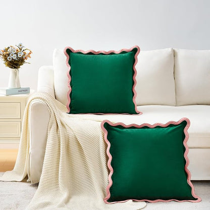 MONDAY MOOSE Decorative Throw Pillow Covers Cushion Cases, Set of 2 Soft Velvet Scalloped Wavy Edge Designs, Mix and Match for Home Decor, Pillow Inserts Not Included (Pink/Green, 20x20 inch)