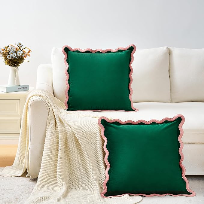 MONDAY MOOSE Decorative Throw Pillow Covers Cushion Cases, Set of 2 Soft Velvet Scalloped Wavy Edge Designs, Mix and Match for Home Decor, Pillow Inserts Not Included (Pink/Green, 22x22 inch)