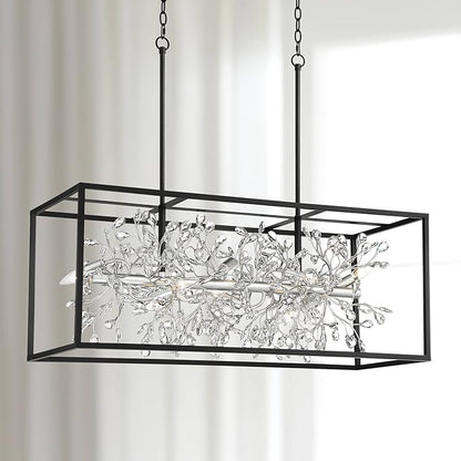 Possini Euro Design Carrine Black Silver Metal Rectangle Linear Pendant Chandelier 38 1/2" Wide Modern Clear Crystal Flower Vine 8-Light Fixture for Kitchen Island Dining Room House High Ceilings