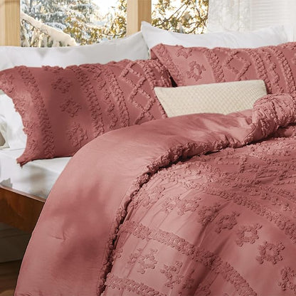 Bedsure Tufted Boho Comforter Set Twin Size - Grayish Pink Boho Bed Set, GentleSoft™ 2 Pieces Farmhouse Shabby Chic Embroidery Bedding, Gifts for Woman, Soft Jacquard Twin Comforter for All Seasons
