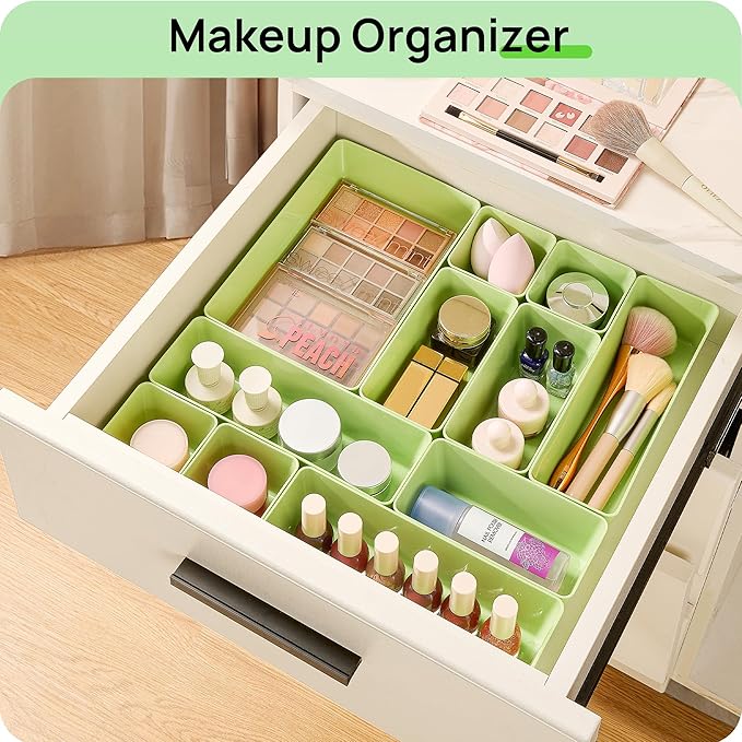 Vtopmart 25 PCS Plastic Drawer Organizers Set, 4-Size Versatile Bathroom and Vanity Drawer Organizer, Storage Bins for Makeup, Bedroom, Kitchen Gadgets Utensils and Office