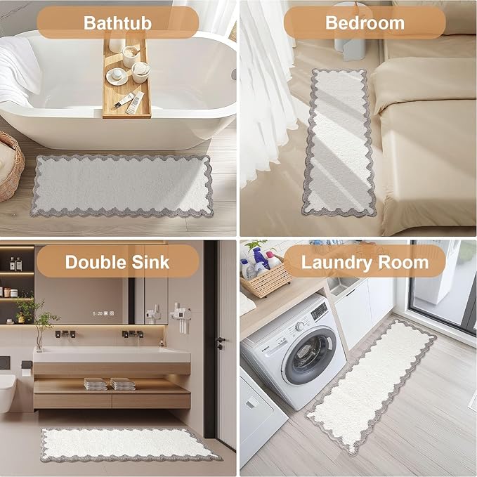ORTIGIA Long Cute Scalloped Bathroom Rugs Runner, Fun White and Gray Plush Microfiber Scallop Bath Mats Non Slip Washable Quick Dry Absorbent, Rug for Bathtub Sink Laundry Room Bedroom, 17x47