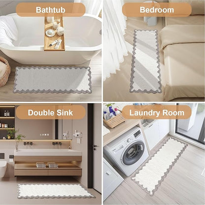 ORTIGIA Long Cute Scalloped Bathroom Rugs Runner, Fun White and Gray Plush Microfiber Scallop Bath Mats Non Slip Washable Quick Dry Absorbent, Rug for Bathtub Sink Laundry Room Bedroom, 17x47