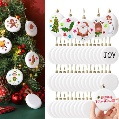 Syhood 48 Pcs 3.15'' DIY Christmas Blank White Ball Ornaments Set Plastic Matte Flat Discs Ornaments DIY Xmas Tree Decoration with Acrylic Paint Markers Gems Stickers for Crafts Party Decor