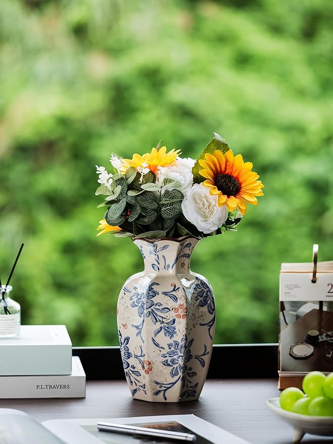 Blue and White Vase, Vintage Blue Ceramic Flower Vessel,Ceramic vases for Home Decor,Vintage Green and Beige for Console Table Mantle Chinoiserie Decor (Blue and White-02, Large)