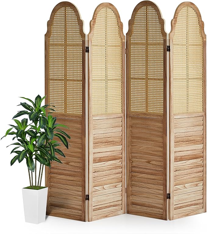 4 Panels Room Divider Wall, Rustic Rattan Room Divider, Wood Folding Privacy Screen, Foldable Wood Divider Wall, Portable Partition Screen, Wall Divider for Room Separation (Natural)