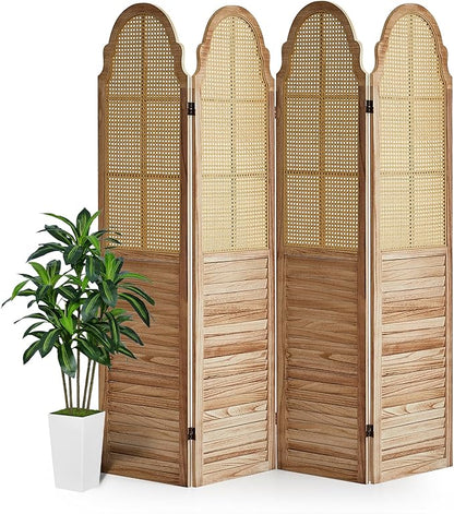 4 Panels Room Divider Wall, Rustic Rattan Room Divider, Wood Folding Privacy Screen, Foldable Wood Divider Wall, Portable Partition Screen, Wall Divider for Room Separation (Natural)