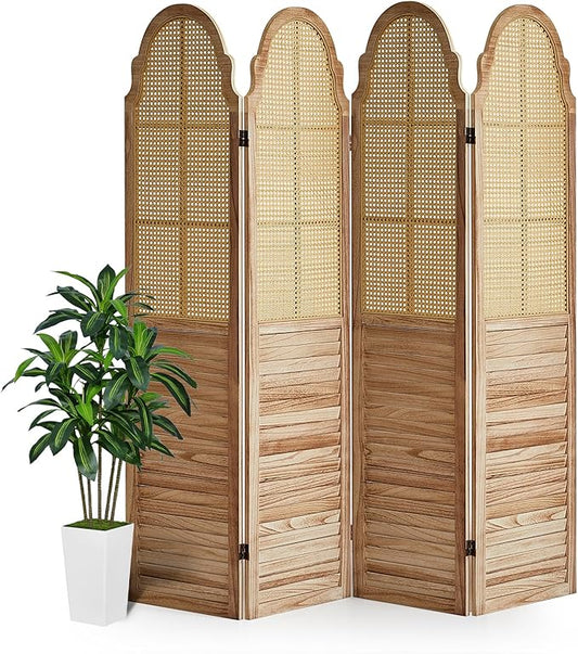 4 Panels Room Divider Wall, Rustic Rattan Room Divider, Wood Folding Privacy Screen, Foldable Wood Divider Wall, Portable Partition Screen, Wall Divider for Room Separation (Natural)