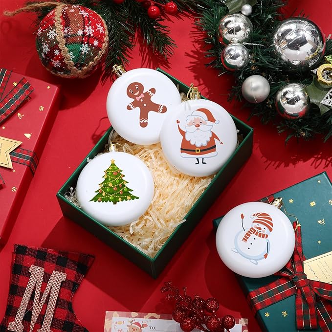 Syhood 12 Pcs 4'' DIY Christmas Blank White Ball Ornaments Set Plastic Matte Flat Discs Ornaments DIY Xmas Tree Decoration with Acrylic Paint Markers Gems Stickers for Crafts Party Decor