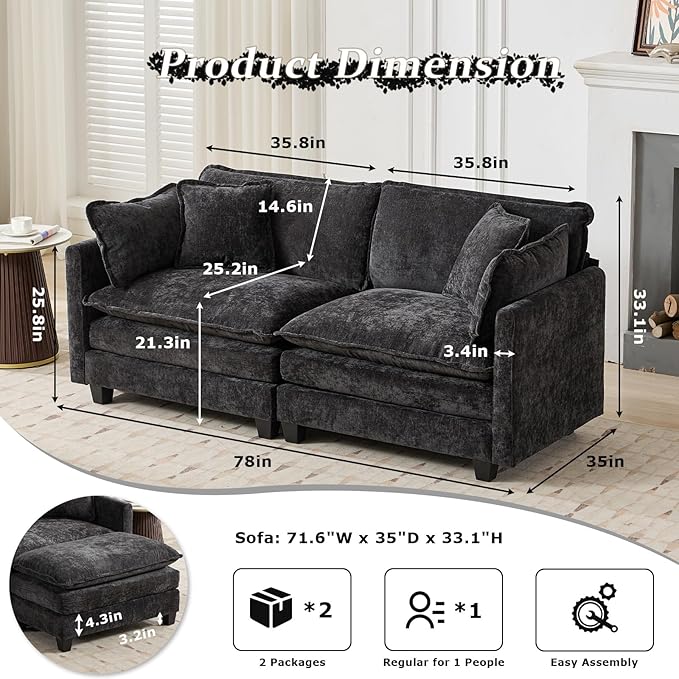 SoarFlash 71.6" Chenille Sectional Sofa, Comfy Modular Loveseat Sofa, Modern 2-Seat Couch Deep Seat Sofa Set for Living Room,Black