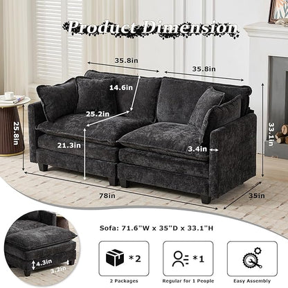 SoarFlash 71.6" Chenille Sectional Sofa, Comfy Modular Loveseat Sofa, Modern 2-Seat Couch Deep Seat Sofa Set for Living Room,Black