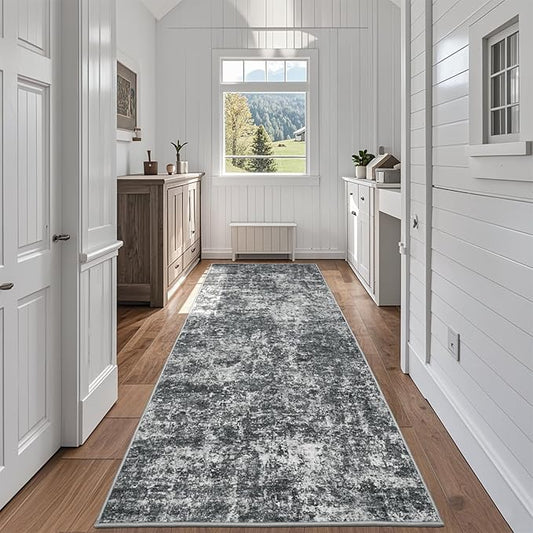 Runner Rug for Hallways Kitchen 2'6"x8' Washable Non Slip: Carpet Non Skid 8ft Entryway Rubber Backed 8 Feet Neutral Abstract Modern Rug Low Pile Pet Friendly Indoor Black Grey