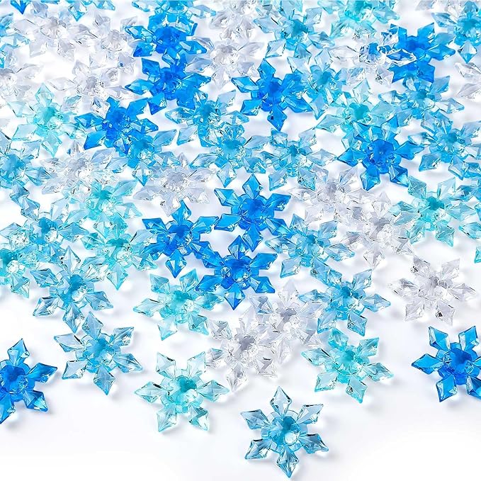 120Pcs Winter Acrylic Snowflake Ornaments 3D Blue Translucent Snowflake Crystals Gems Christmas Xmas Pendant Beads DIY Crafts for Vase Filler, Party Wedding Arts Crafts Decoration