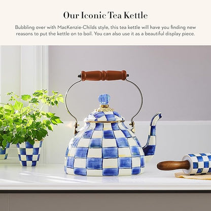 MACKENZIE-CHILDS Enamel Tea Kettle, Stylish Tea Kettle for Stovetop, Blue-and-White Royal Check, 3 Quarts
