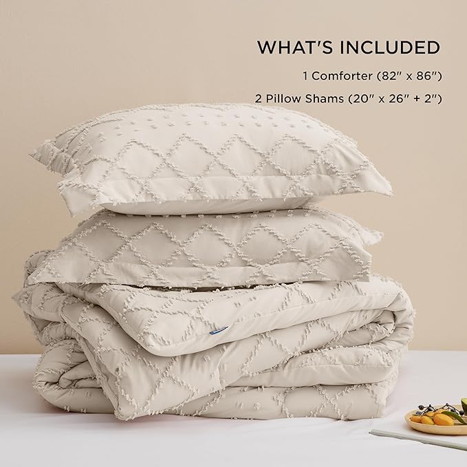 Bedsure Full Comforter Set - Beige Comforter, Boho Tufted Shabby Chic Bedding for Kids, 3 Pieces Vintage Farmhouse Bed Set for All Seasons, Fluffy Soft Bedding with 2 Pillow Shams