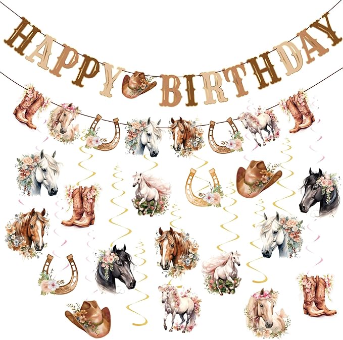 Horse Birthday Decorations,Horse Party Decorations for Girls,Cowgirl Hanging Swirls,Happy Birthday Banners, Western Party Supplies Women