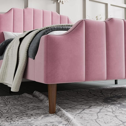 SHA CERLIN Upholstered Queen Size Bed Frame with Modern Curved Velvet Wingback Headboard, Heavy Duty Wood Platform Bed with Strong Wood Slat Support, No Box Spring Needed, Pink