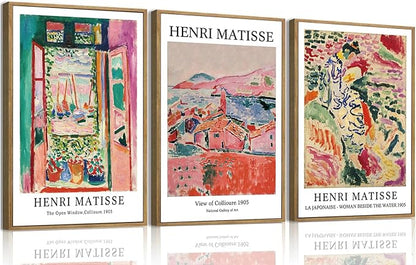 ILLBDR Framed Wall Art Vintage Matisse Wall Art Canvas Set of 3, Retro Prints Poster Mid Century Aesthetic Floral Botanical Decor for Living Room Bathroom Bedroom 12x16 Inch Framed