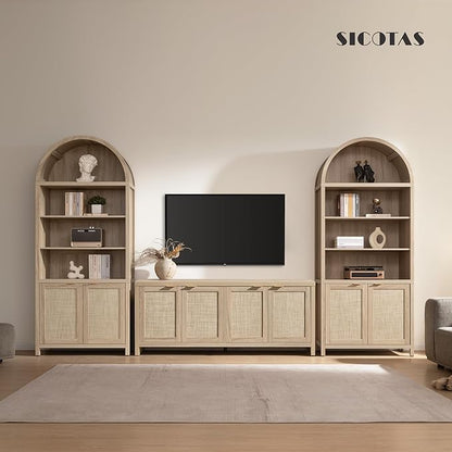 SICOTAS Book Shelf Arched Cabinet Bookshelf Arch 84.2" Tall Bookcase 5 Tier Large Bookshelves with Doors Storage Rattan Boho Wide Book Shelves Case for Living Room Kitchen Office Bedroom Library