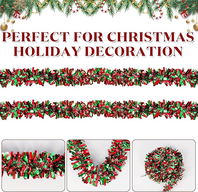 50Ft Christmas Tinsel Garland - Red Green Shiny Metallic Twist Decor for Christmas Tree Home Stairs Railing Front Door Mantle Fireplace Indoor Outdoor Holiday Party