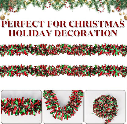 50Ft Christmas Tinsel Garland - Red Green Shiny Metallic Twist Decor for Christmas Tree Home Stairs Railing Front Door Mantle Fireplace Indoor Outdoor Holiday Party