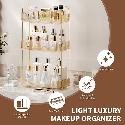 3 Tier Bathroom Organizer Countertop Makeup Perfume Skincare Organizer for Bathroom Dresser Vanity (Gold)