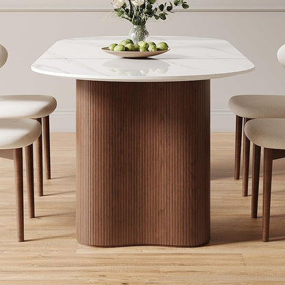 71" Modern Oval Dining Table for 6, Glossy White Sintered Stone Dining Tabletop with Brown Dual-Pedestal, Easy Assembly Dining Room Table for Home Kitchen (Table Only)