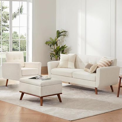 Tbfit Linen Fabric Accent Chair, Mid Century Modern Armchair for Living Room, Bedroom Button Tufted Upholstered Comfy Reading Accent Chairs Sofa(Beige)