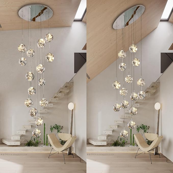 15-Light LED Staircase Chandelier Crystal Ceiling Lights Large Chandeliers for High Ceilings, Entryway Modern Lighting Fixture Villas and Stairs, Adjustable Length 23" W x100 H,75W