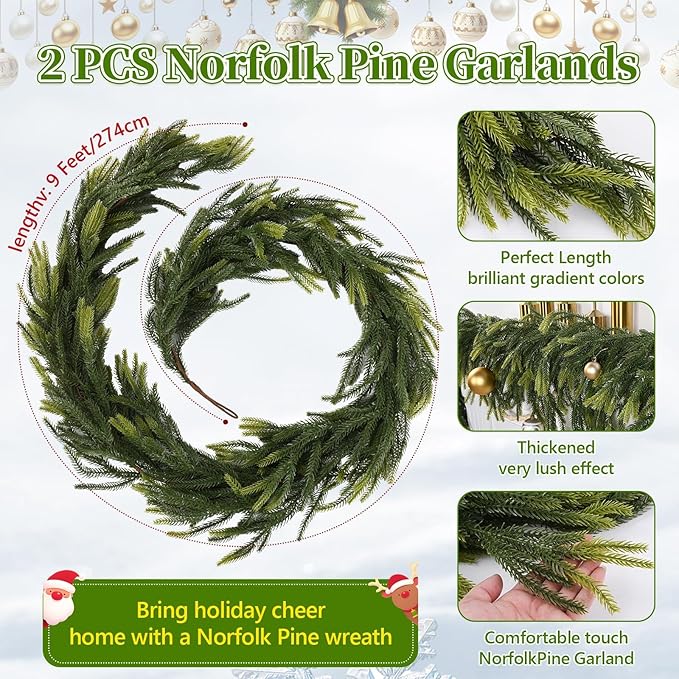 Sherika 2Pcs 9 FT Artificial Norfolk Pine Garlands，Real-Life Touch Chirsmas Garland，Gradient Greenery Garland for Indoor Outdoor Decor Chrismas Decoration Table Wall Wreath DIY (2，9Ft)