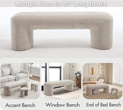 3-Pieces Modern Upholstered Ottoman Waterfall Bench for Bedroom End of Bed Accent Chair, 53" Chenille Entryway Bench Sets, Comfy Indoor Narrow Window Bench Bed Stool Living Room Bedroom, Oatmeal