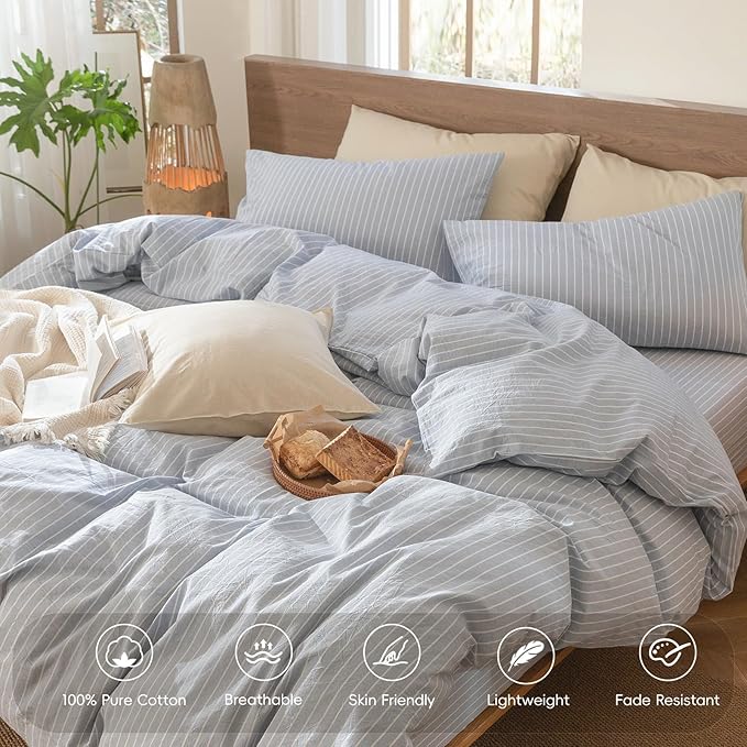 MooMee Striped Duvet Cover Set 100% Washed Cotton Linen Like Textured Breathable Durable Soft Comfy (Cornflower Blue White Wide Stripes, Oversized King Plus 128"x120")